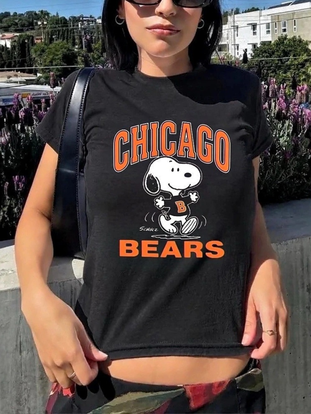 Chicago Bears Snoopy Football Vintage Black Graphic BabyTee